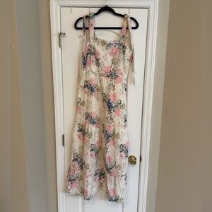 Floral Tie-Shoulder Midi Dress in Cream and Pink
